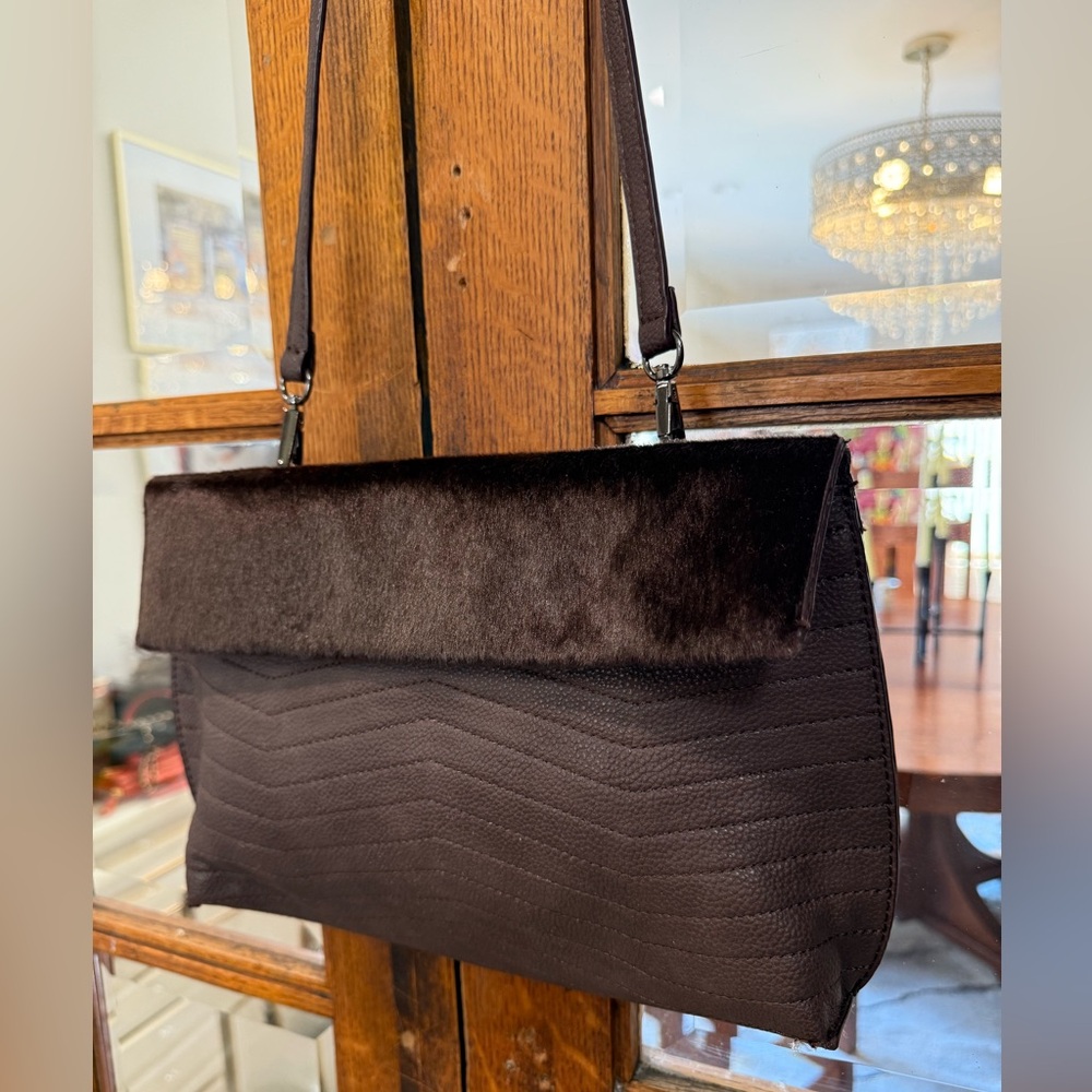 Elegant Brown Clutch Bag with removable straps. Partial Faux Fur.